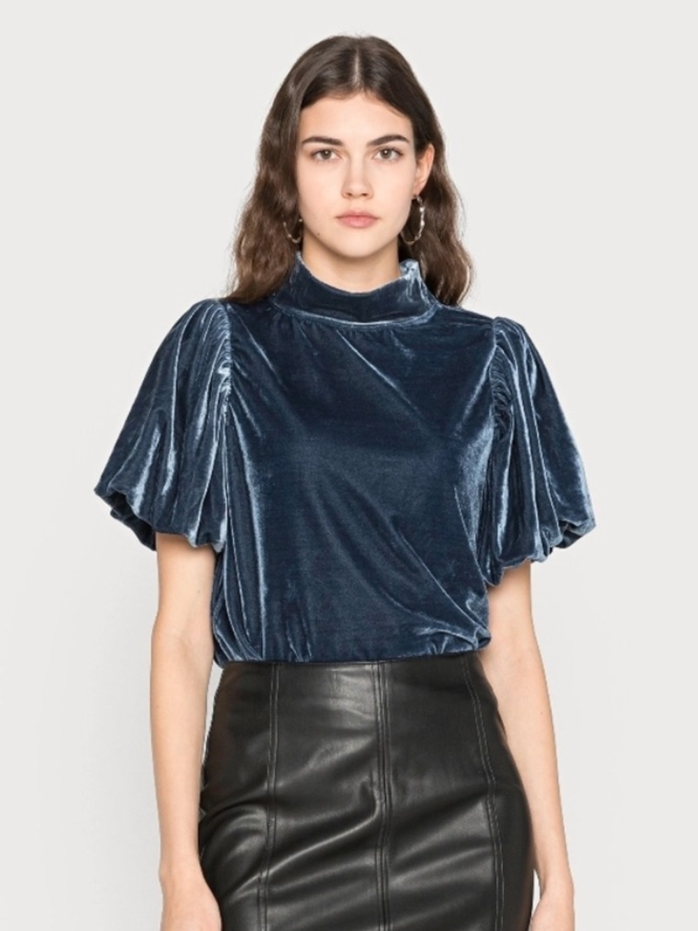 Free People Claudia Blue Puff Sleeve Velvet Mock Neck Top